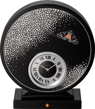 Exceptional clock with artistically crafted eggshell mosaic Sterling silver, palladium-finish details