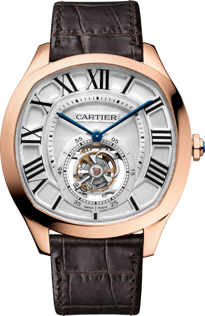 Drive de Cartier Flying Tourbillon watchLarge model, hand-wound mechanical movement, rose gold, leather