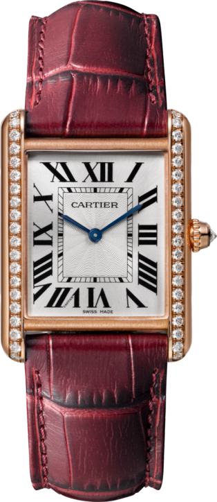 Tank Louis Cartier watch Large model, hand-wound mechanical movement, rose gold, diamonds, leather