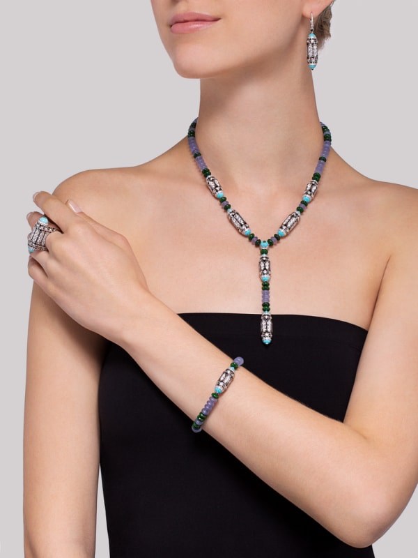 High Jewellery necklace White gold, chalcedony, skarn, turquoise, black lacquer, emerald cabochons, diamonds