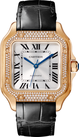 Santos de Cartier watch Medium model, automatic movement, rose gold, diamonds, 2 interchangeable leather bracelets