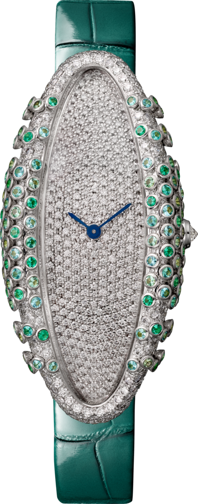 Cartier Libre watchMedium model, hand-wound mechanical movement, white gold, diamonds, emeralds, Paraiba tourmalines