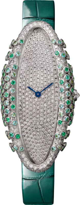 Cartier Libre watch Medium model, hand-wound mechanical movement, white gold, diamonds, emeralds, Paraiba tourmalines