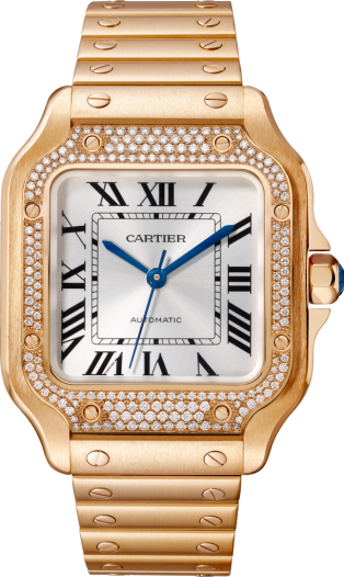 Santos de Cartier watch Medium model, automatic movement, rose gold, diamonds, interchangeable metal and leather bracelets