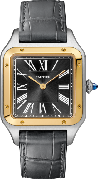 Santos-Dumont watch Large model, hand-wound mechanical movement, yellow gold, steel, leather