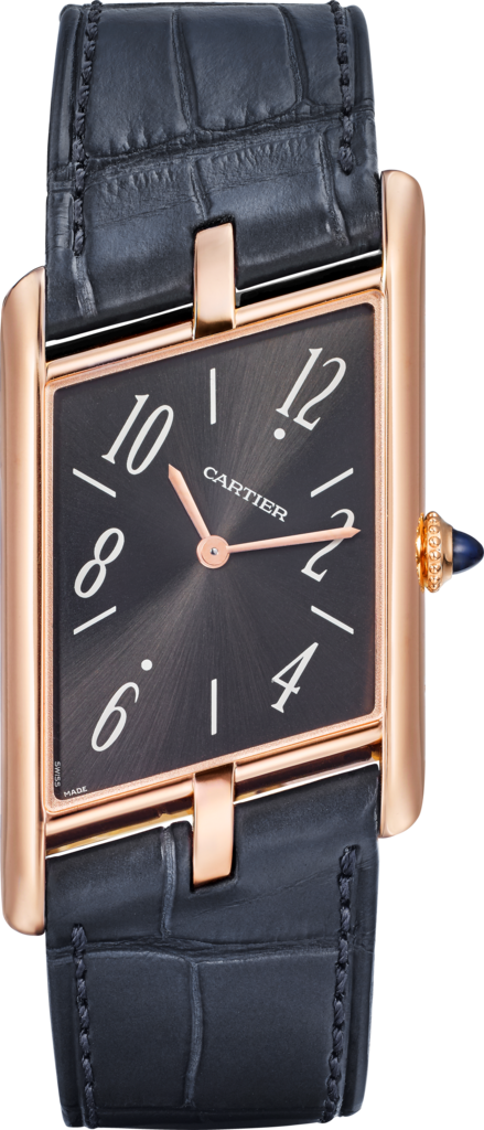 Tank Asymétrique watchLarge model, hand-wound mechanical movement, rose gold, leather