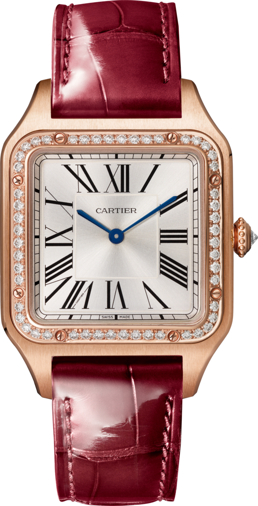 Santos-Dumont watchLarge model, quartz movement, rose gold, diamonds, leather