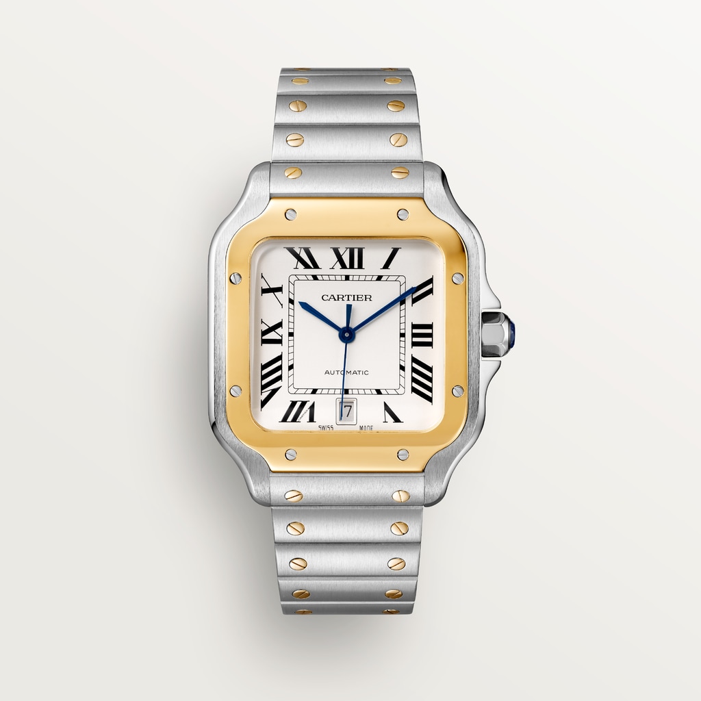 Santos de Cartier watchLarge model, automatic movement, yellow gold, steel, interchangeable metal and leather bracelets