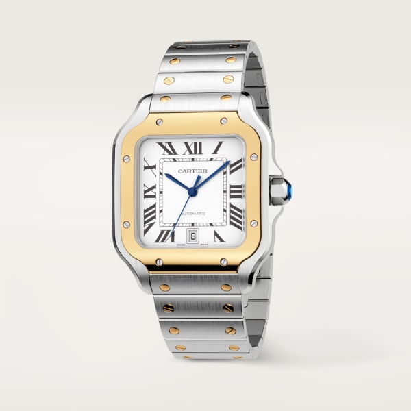 Santos de Cartier watch Large model, automatic movement, yellow gold, steel, interchangeable metal and leather bracelets