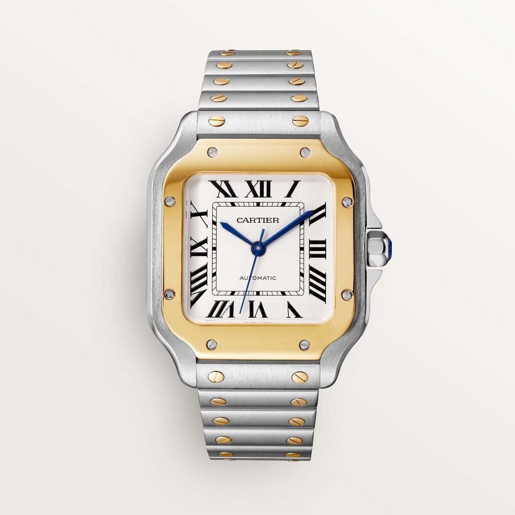 Santos de Cartier watchMedium model, automatic movement, yellow gold, steel, interchangeable metal and leather bracelets