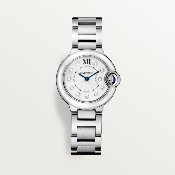 Ballon Bleu de Cartier watch 28mm, quartz movement, steel, diamonds