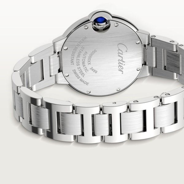 Ballon Bleu de Cartier watch 33 mm, mechanical movement with automatic winding, steel, diamonds