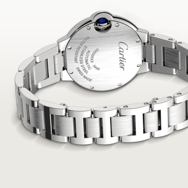 Ballon Bleu de Cartier watch 33 mm, mechanical movement with automatic winding, steel, diamonds