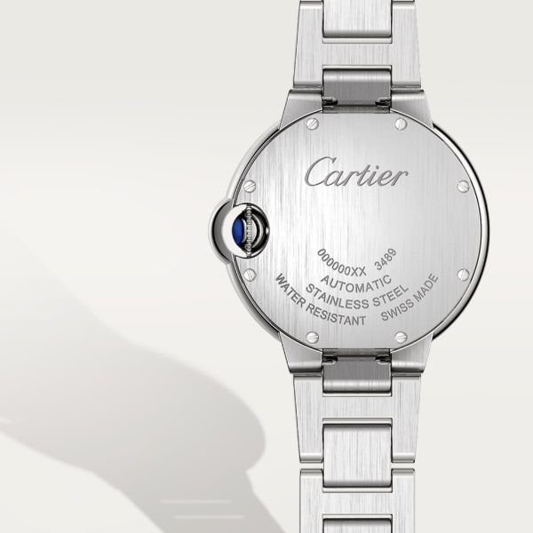 Ballon Bleu de Cartier watch 33 mm, mechanical movement with automatic winding, steel, diamonds