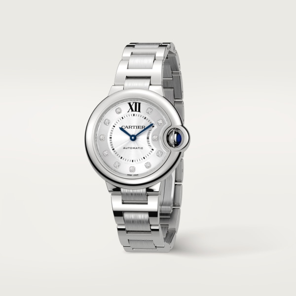 Ballon Bleu de Cartier watch 33 mm, mechanical movement with automatic winding, steel, diamonds