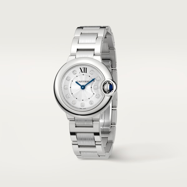 Ballon Bleu de Cartier watch 28mm, quartz movement, steel, diamonds