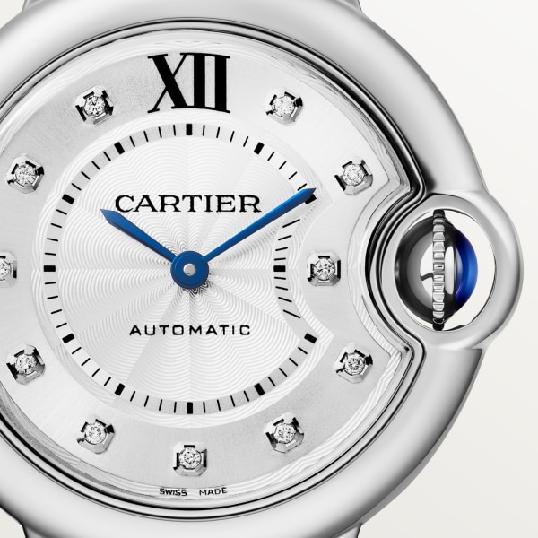 Ballon Bleu de Cartier watch 33 mm, mechanical movement with automatic winding, steel, diamonds