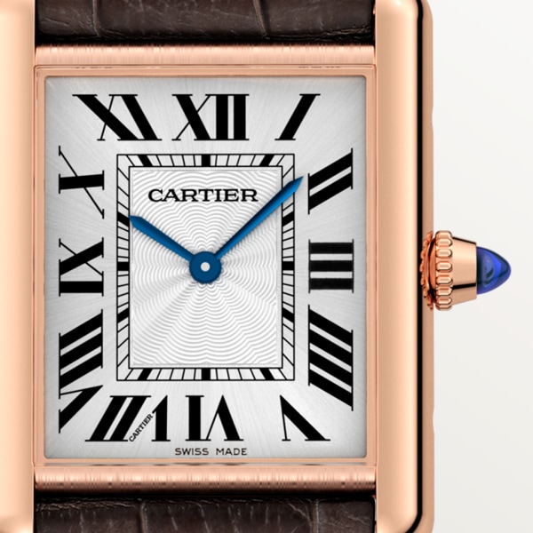 Tank Louis Cartier watch Large model, hand-wound mechanical movement, rose gold, leather