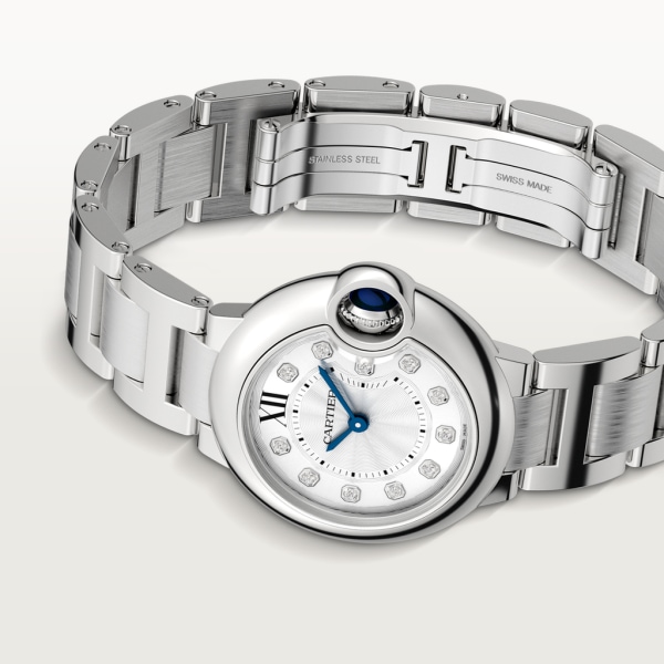 Ballon Bleu de Cartier watch 28mm, quartz movement, steel, diamonds