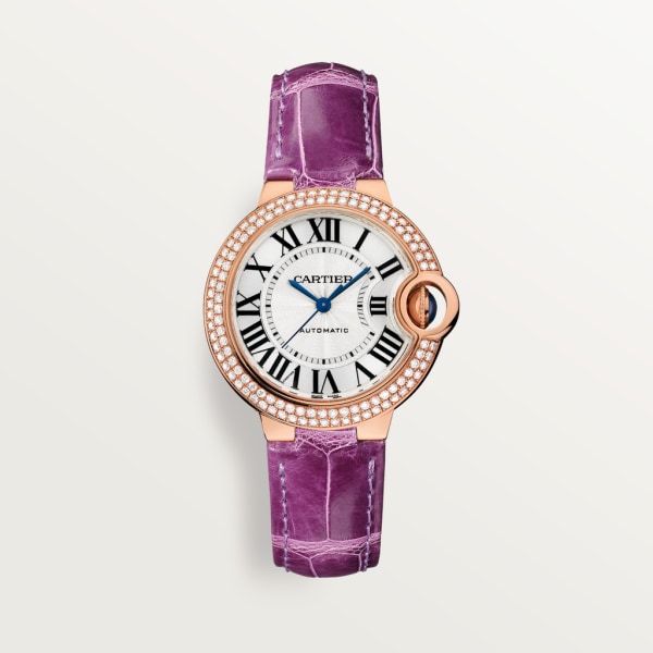 Ballon Bleu de Cartier watch 33mm, automatic movement, rose gold, diamonds, leather