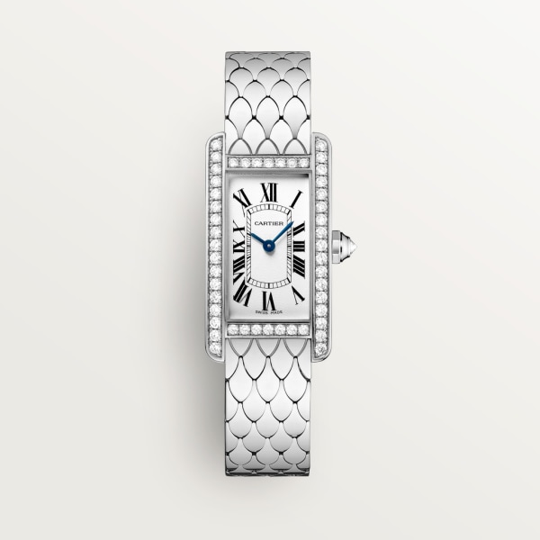 Tank Américaine watch Small model, quartz movement, white gold, diamonds