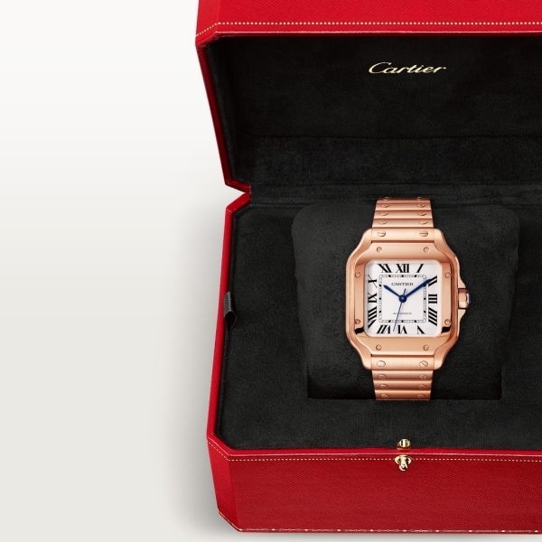 Santos de Cartier watch Medium model, automatic movement, rose gold, interchangeable metal and leather bracelets