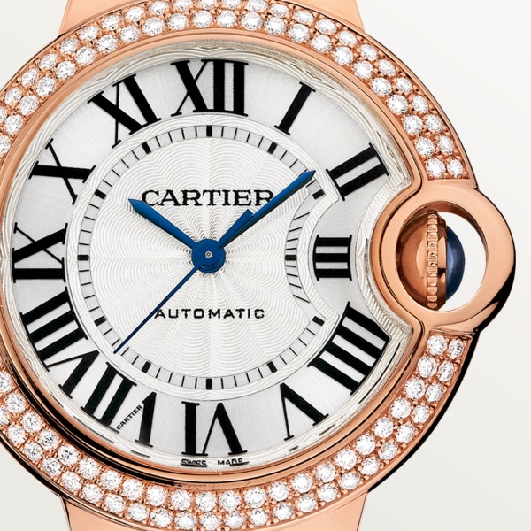 Ballon Bleu de Cartier watch 33mm, automatic movement, rose gold, diamonds, leather