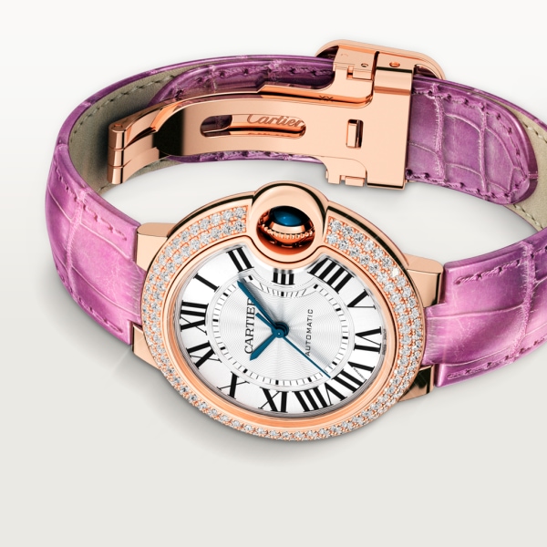 Ballon Bleu de Cartier watch 33mm, automatic movement, rose gold, diamonds, leather