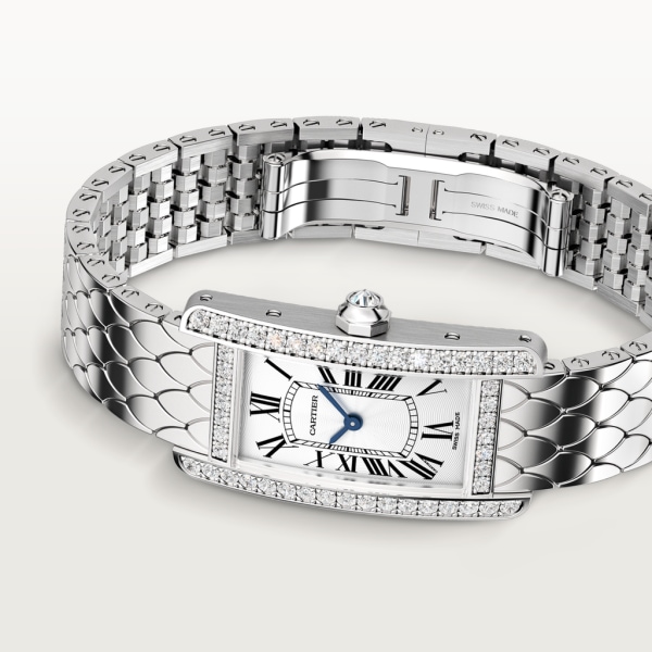 Tank Américaine watch Small model, quartz movement, white gold, diamonds