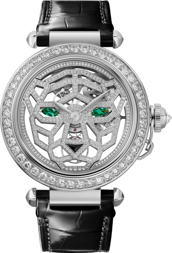 Panthère Jewellery Watches 41 mm, hand-wound movement, 18K white gold, diamonds, interchangeable leather straps