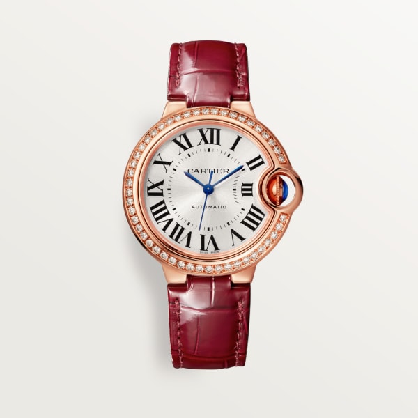 Ballon Bleu de Cartier watch 33mm, automatic movement, rose gold, diamonds, leather