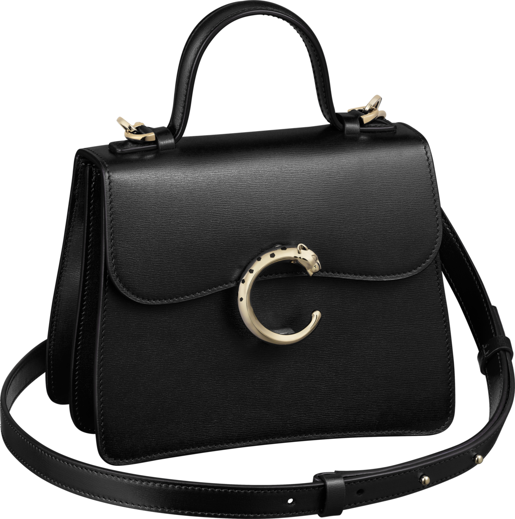 Top handle bag mini model, Panthère de CartierBlack calfskin, gold finish