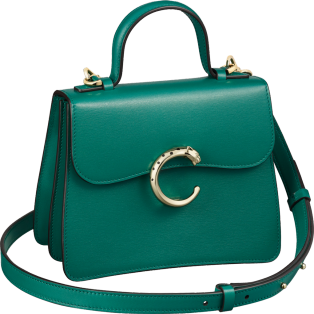 Top handle bag mini model, Panthère de Cartier Dark green calfskin, golden finish