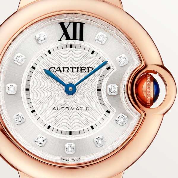 Ballon Bleu de Cartier watch 33mm, automatic movement, rose gold, diamonds, leather