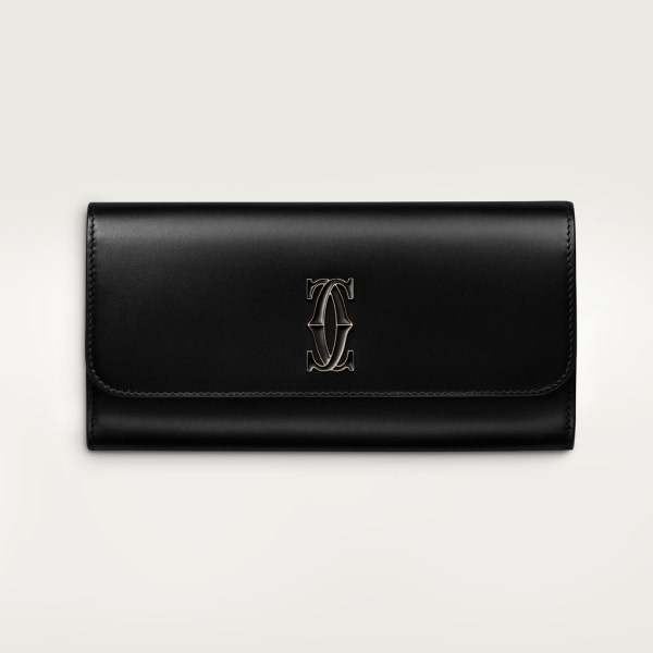 International wallet with flap, C de Cartier Black calfskin, gold and black enamel finish