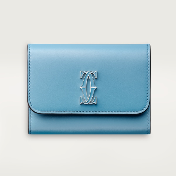 Mini wallet, C de Cartier Capri blue calfskin, golden and Capri blue enamel-finish