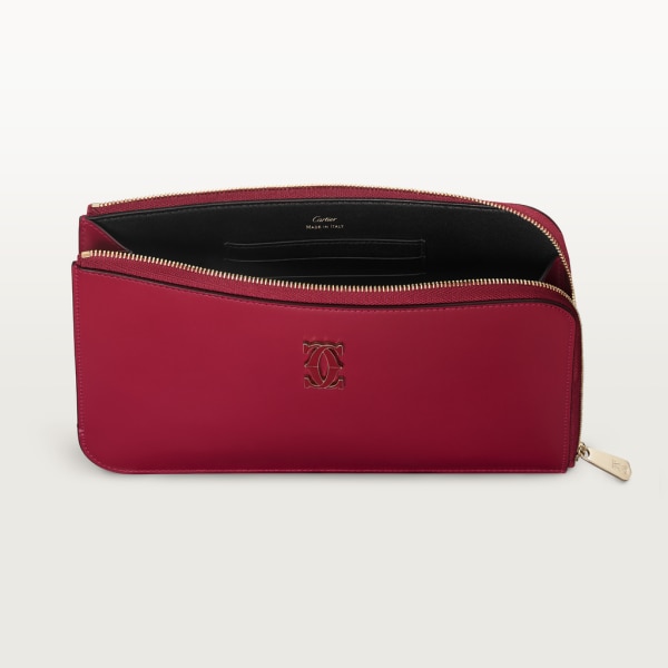 Pouch small model, C de Cartier Cherry red calfskin, golden finish and cherry red enamel