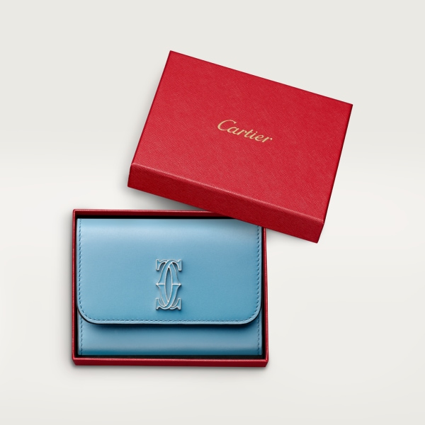 Mini wallet, C de Cartier Capri blue calfskin, golden and Capri blue enamel-finish