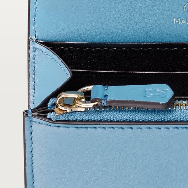 Mini wallet, C de Cartier Capri blue calfskin, golden and Capri blue enamel-finish