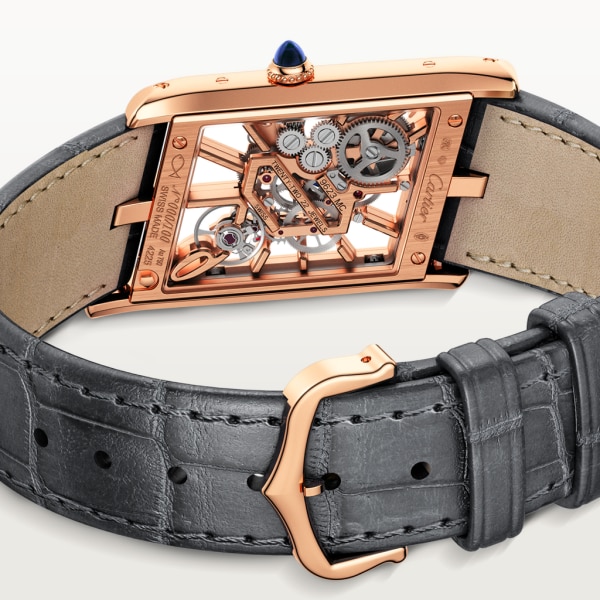 Tank Asymétrique watch Large model, hand-wound mechanical movement, rose gold, leather