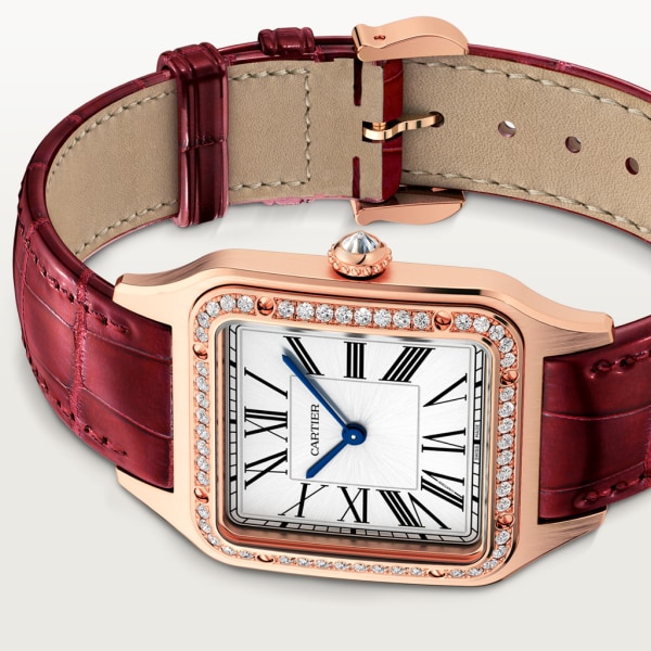 Santos-Dumont watch Large model, quartz movement, rose gold, diamonds, leather