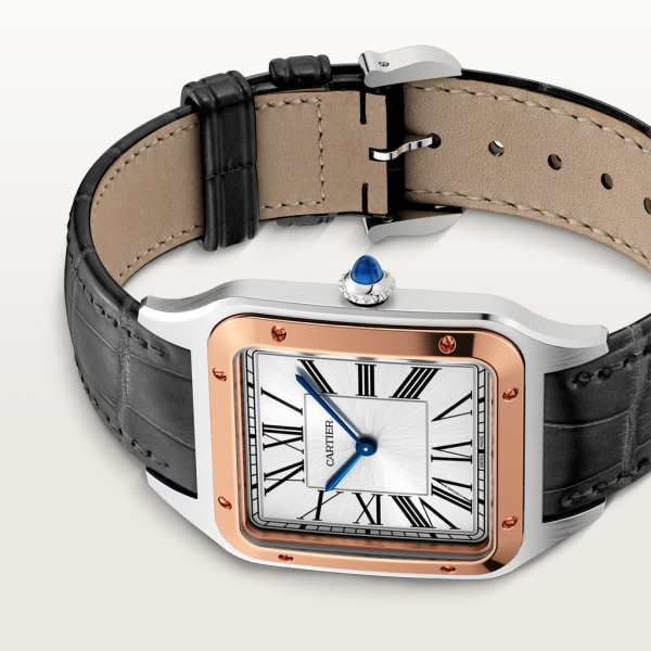 Santos-Dumont watch Extra-large model, hand-wound mechanical movement, rose gold, steel, leather