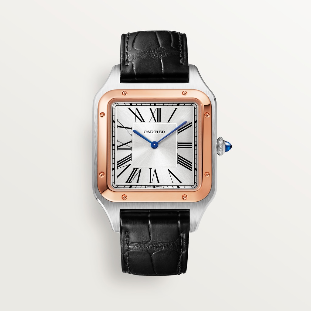 Santos-Dumont watchExtra-large model, hand-wound mechanical movement, rose gold, steel, leather