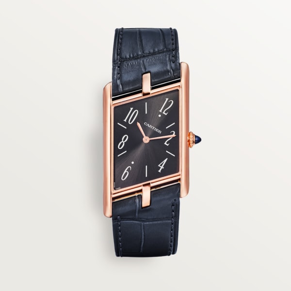 Tank Asymétrique watch Large model, hand-wound mechanical movement, rose gold, leather