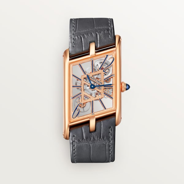 Tank Asymétrique watch Large model, hand-wound mechanical movement, rose gold, leather