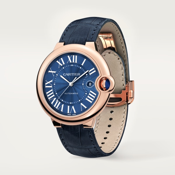 Ballon Bleu de Cartier watch 42mm, automatic movement, rose gold, leather