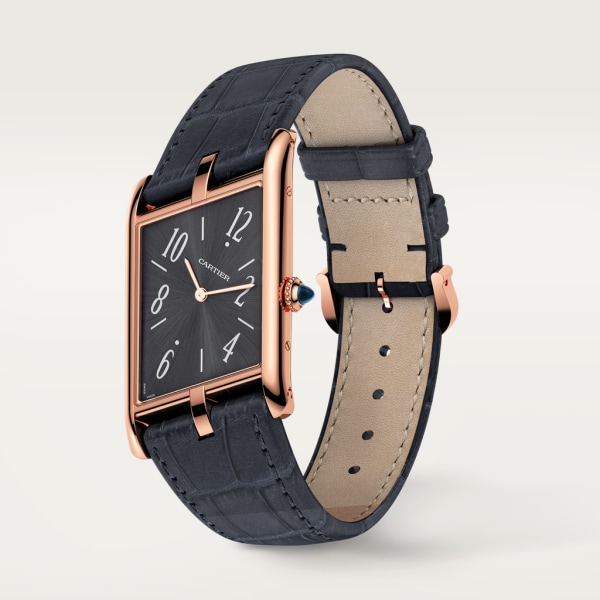 Tank Asymétrique watch Large model, hand-wound mechanical movement, rose gold, leather