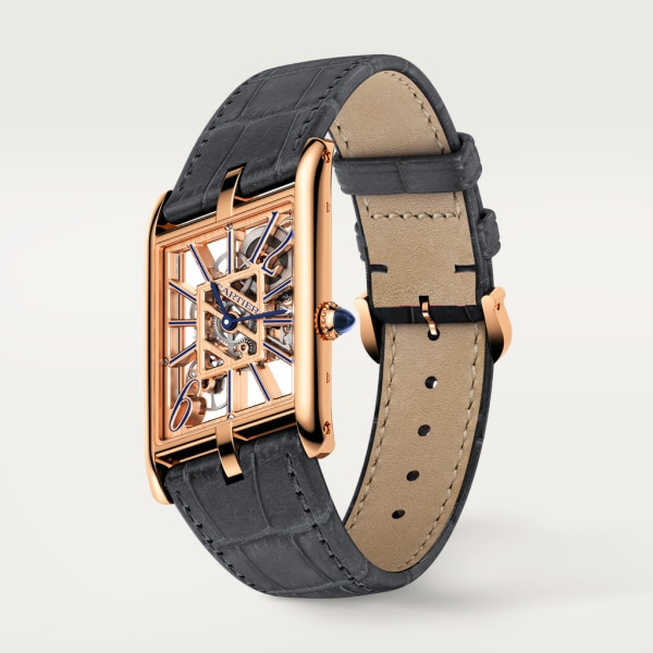 Tank Asymétrique watch Large model, hand-wound mechanical movement, rose gold, leather