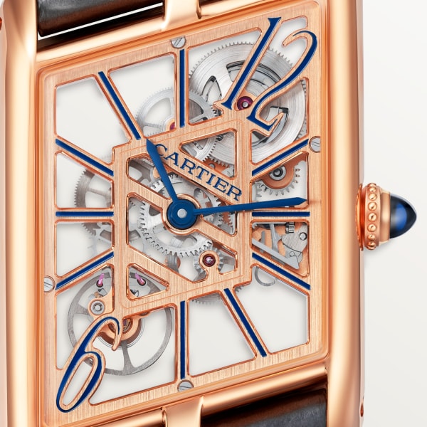 Tank Asymétrique watch Large model, hand-wound mechanical movement, rose gold, leather