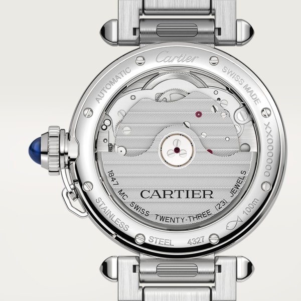 Pasha de Cartier watch 35 mm, automatic movement, steel, interchangeable metal and leather straps